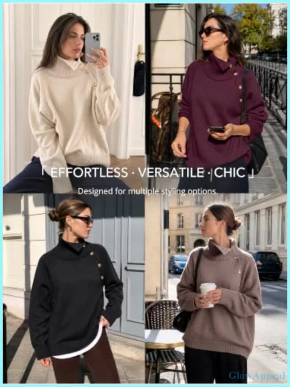 Turtleneck Oversized Knit Sweater with Gold Buttons Pullover